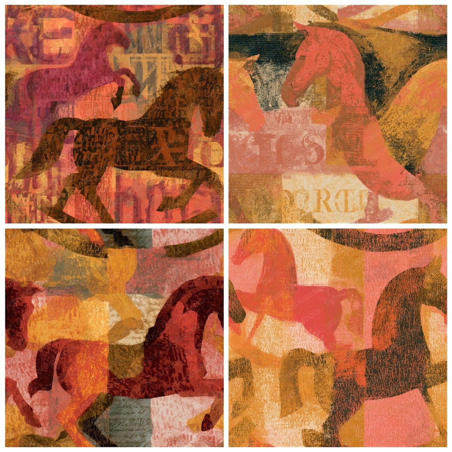 ASCII Rocking Horses Coral Gold Seamless Digital Paper Pack (DDD013130)