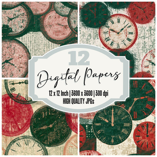 Typographic Clocks Forest Green Crimson Seamless Digital Paper Pack (DDD013137)