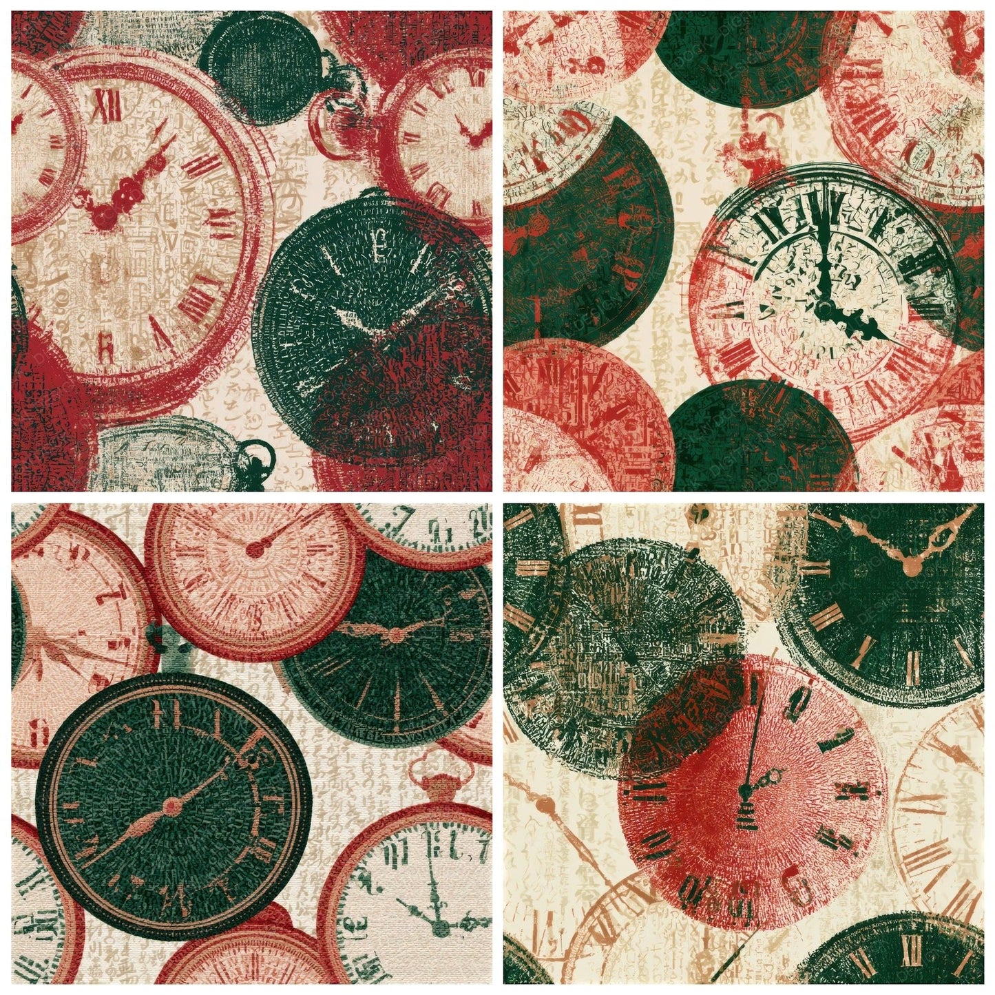 Typographic Clocks Forest Green Crimson Seamless Digital Paper Pack (DDD013137)