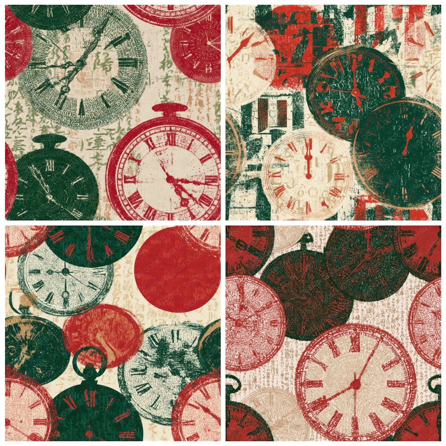 Typographic Clocks Forest Green Crimson Seamless Digital Paper Pack (DDD013137)