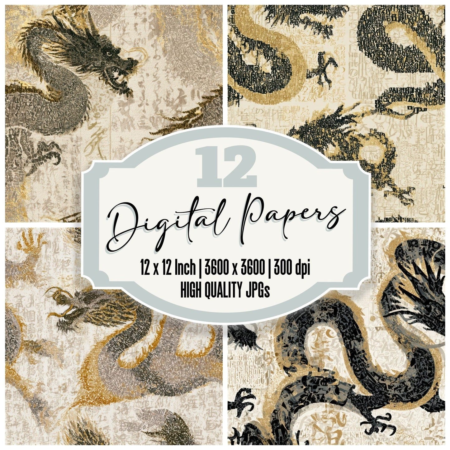 Typographic Dragons Sumi Bone Seamless Digital Paper Pack (DDD013138)