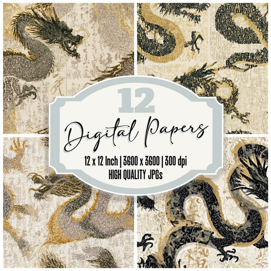Typographic Dragons Sumi Bone Seamless Digital Paper Pack (DDD013138)