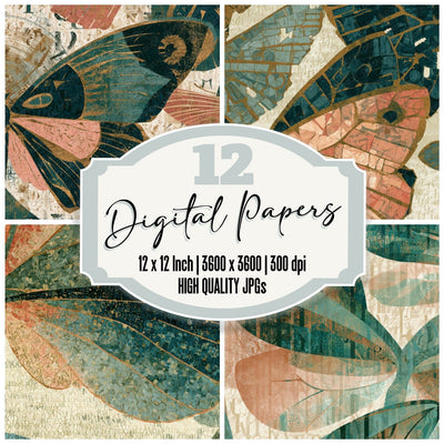 Typographic Mechanical Wings Dewy Green Blush Digital Paper Pack (DDD013142)