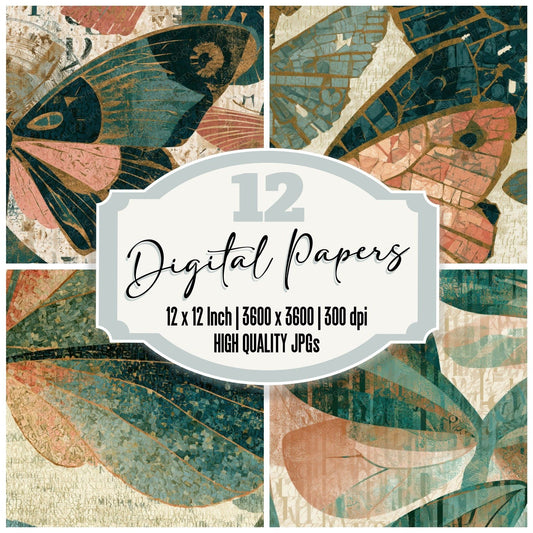 Typographic Mechanical Wings Dewy Green Blush Digital Paper Pack (DDD013142)