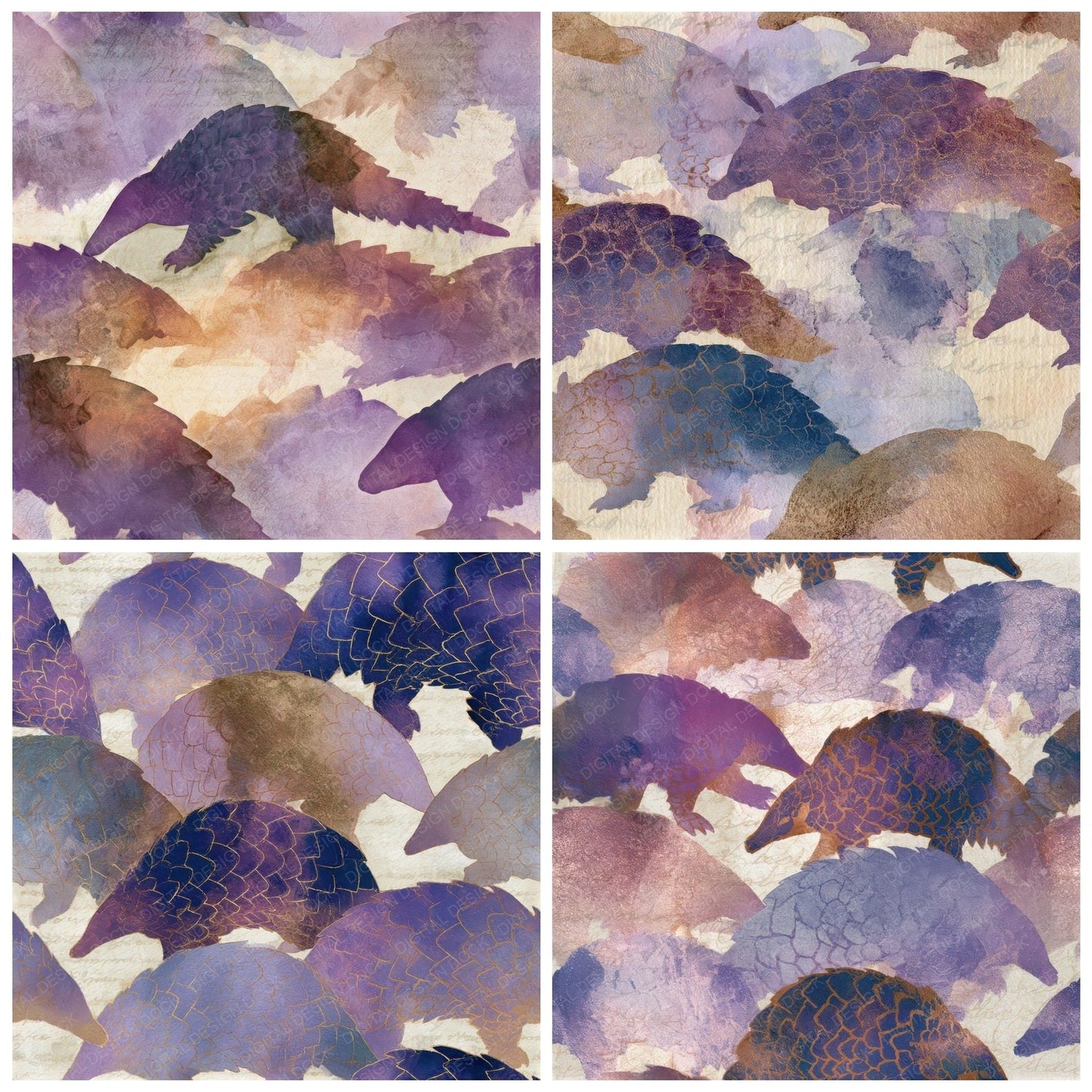 Watercolour Pangolin Amethyst Lavender Seamless Digital Paper Pack (DDD013143)