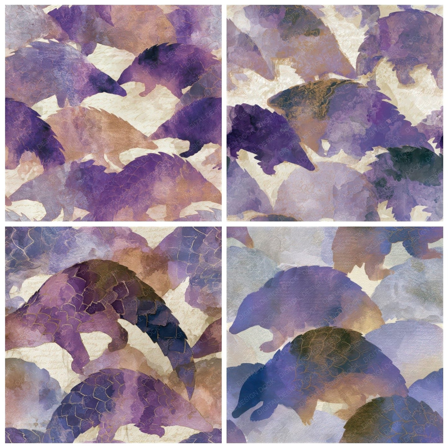 Watercolour Pangolin Amethyst Lavender Seamless Digital Paper Pack (DDD013143)