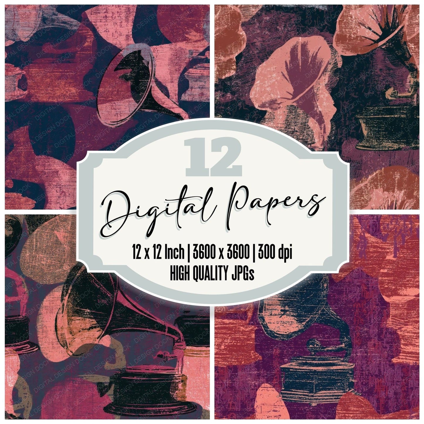 Woodcut Gramophones Rose Aubergine Digital Paper Pack (DDD013144)