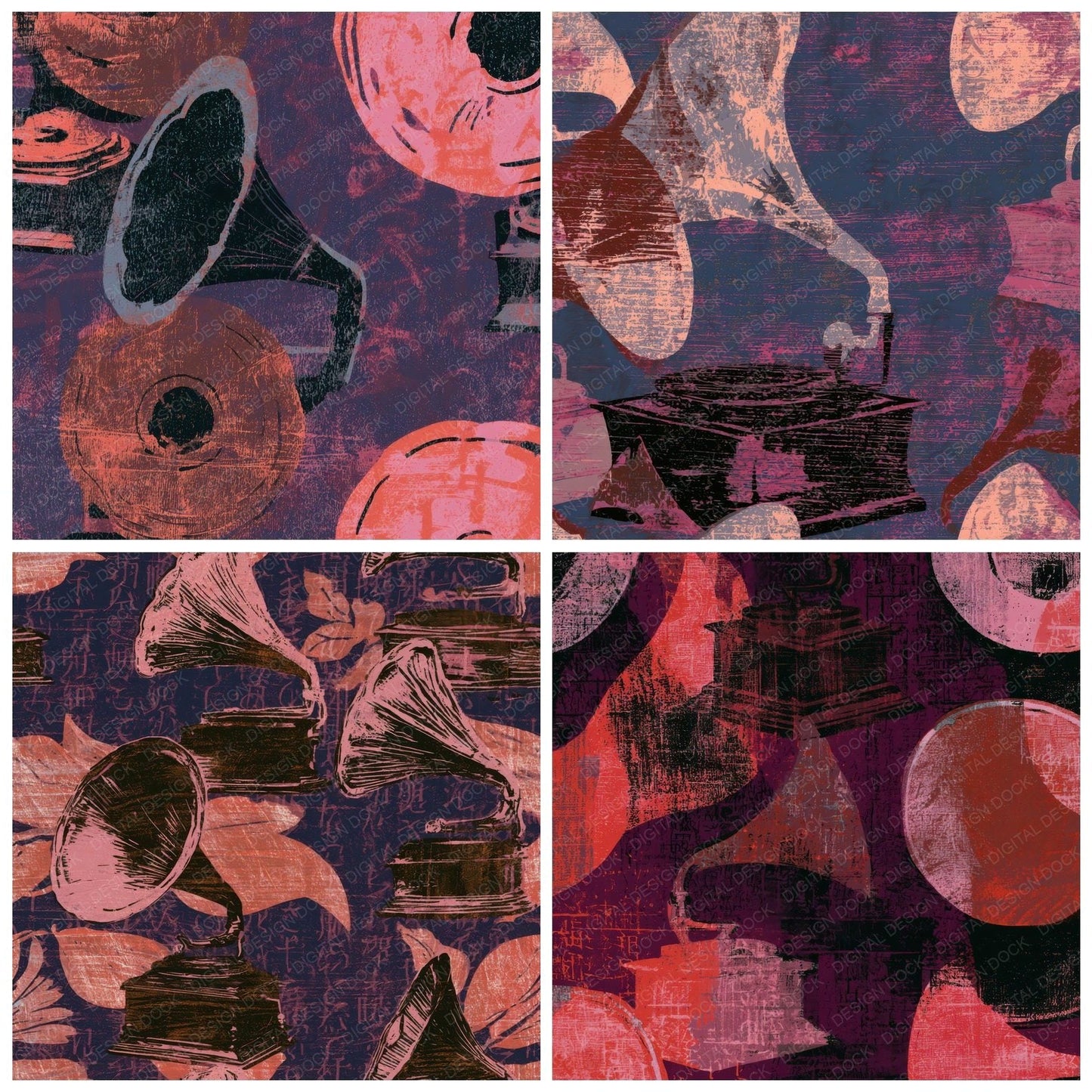Woodcut Gramophones Rose Aubergine Digital Paper Pack (DDD013144)