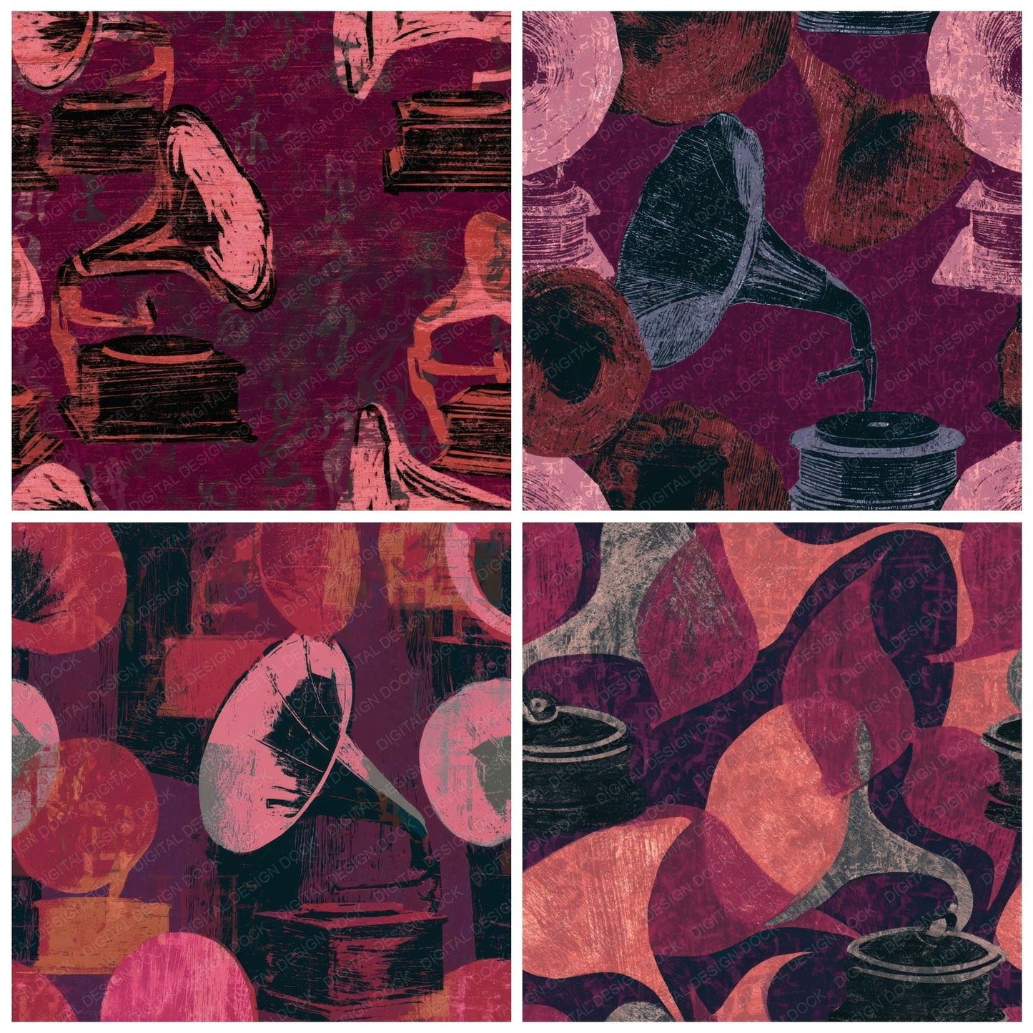 Woodcut Gramophones Rose Aubergine Digital Paper Pack (DDD013144)