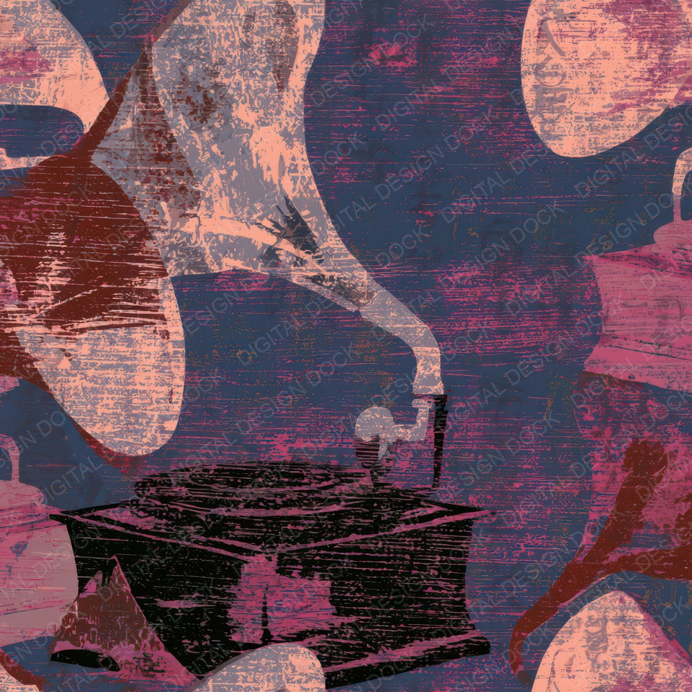 Woodcut Gramophones Rose Aubergine Digital Paper Pack (DDD013144)