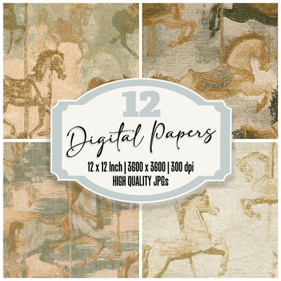 ASCII Carousel Horses Sepia Oat Digital Paper Pack (DDD013145)