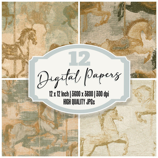 ASCII Carousel Horses Sepia Oat Digital Paper Pack (DDD013145)