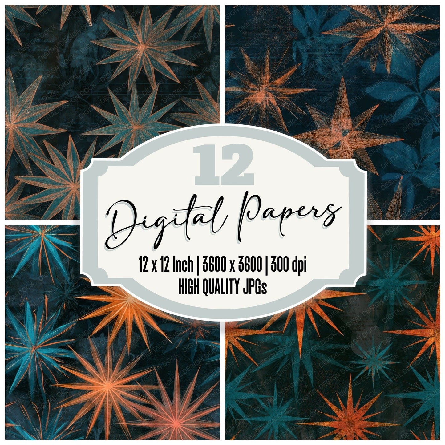 Blueprint Compass Rose Tangerine Seamless Digital Paper Pack (DDD013157)