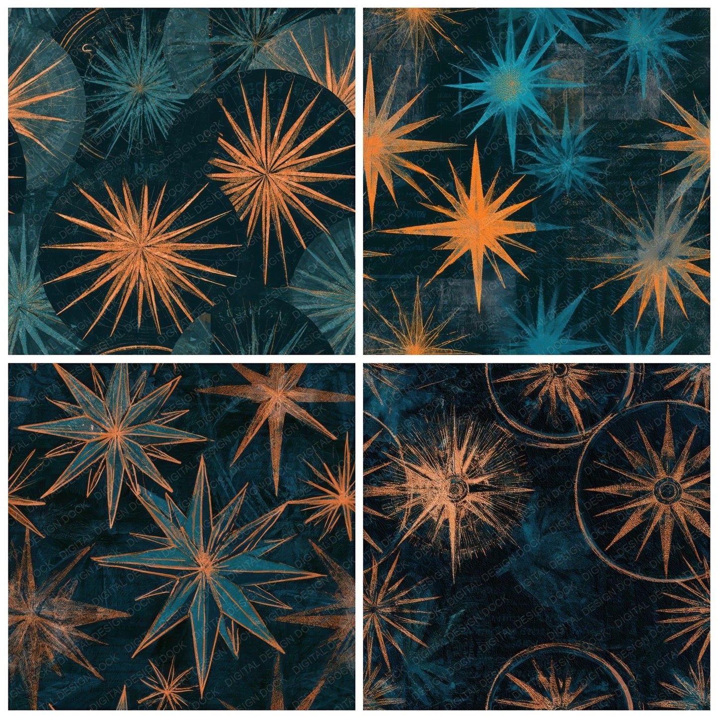 Blueprint Compass Rose Tangerine Seamless Digital Paper Pack (DDD013157)