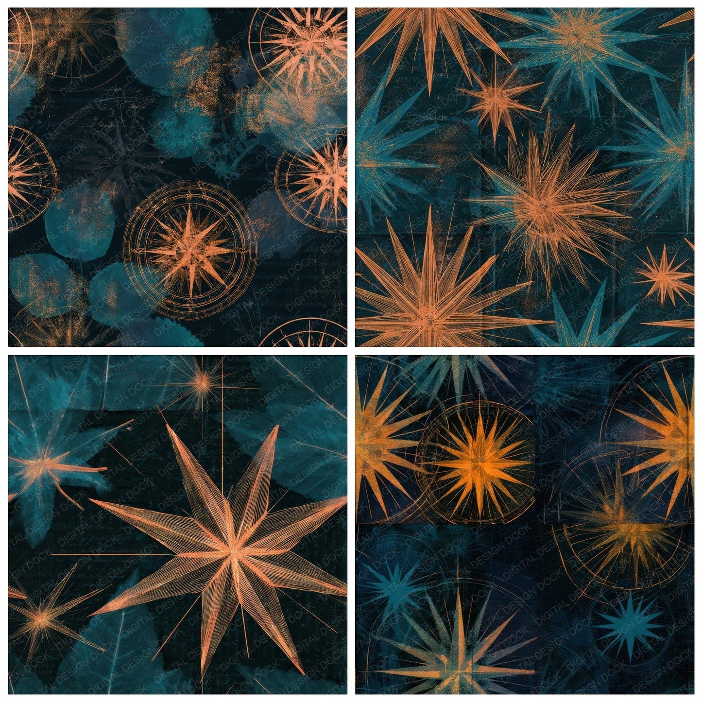 Blueprint Compass Rose Tangerine Seamless Digital Paper Pack (DDD013157)
