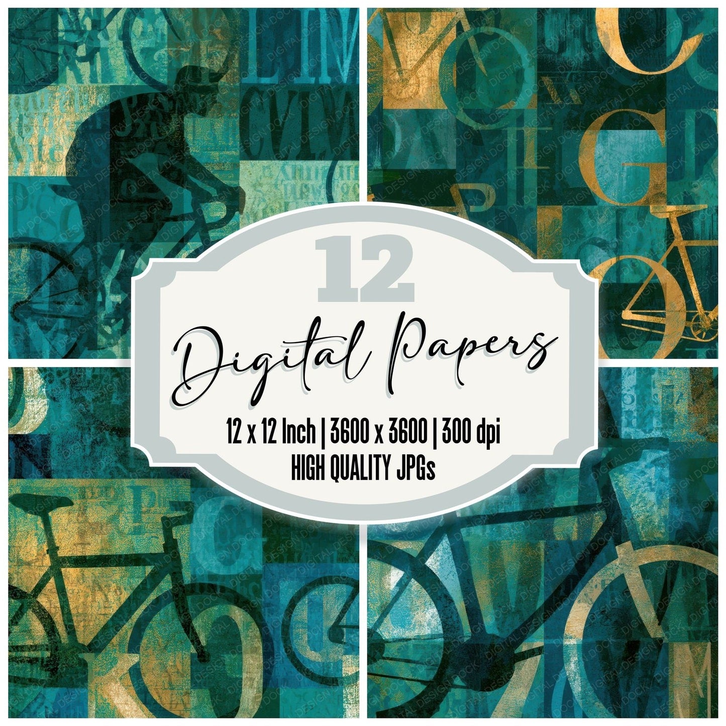 Typographic Bicycles Mint Jade Emerald Digital Paper Pack (DDD013161)