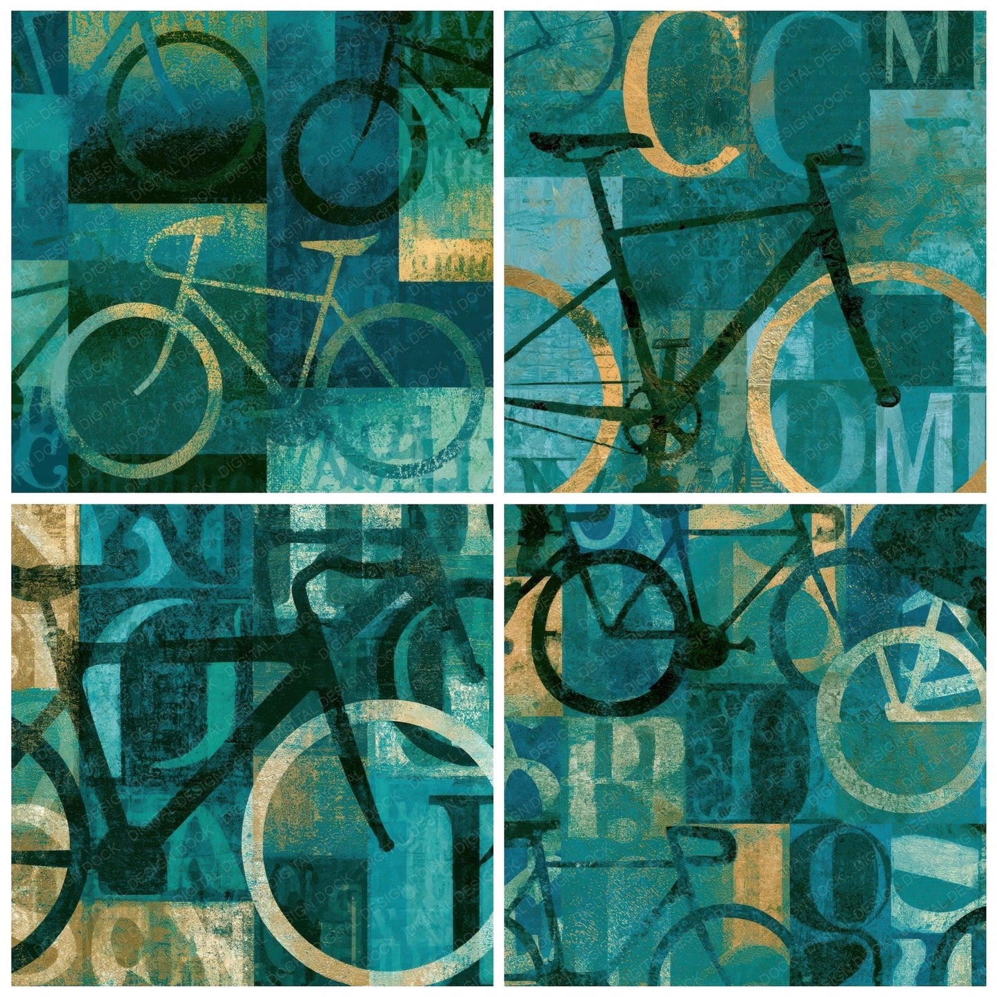 Typographic Bicycles Mint Jade Emerald Digital Paper Pack (DDD013161)
