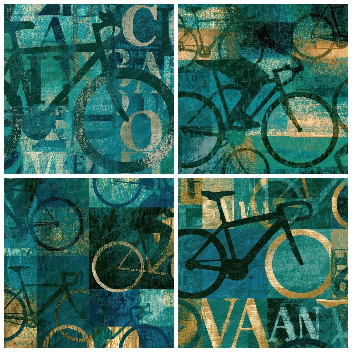 Typographic Bicycles Mint Jade Emerald Digital Paper Pack (DDD013161)