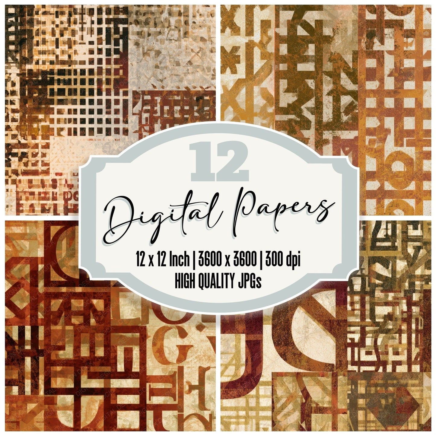 Typographic Lattice Rust Brass Ochre Digital Paper Pack (DDD013163)