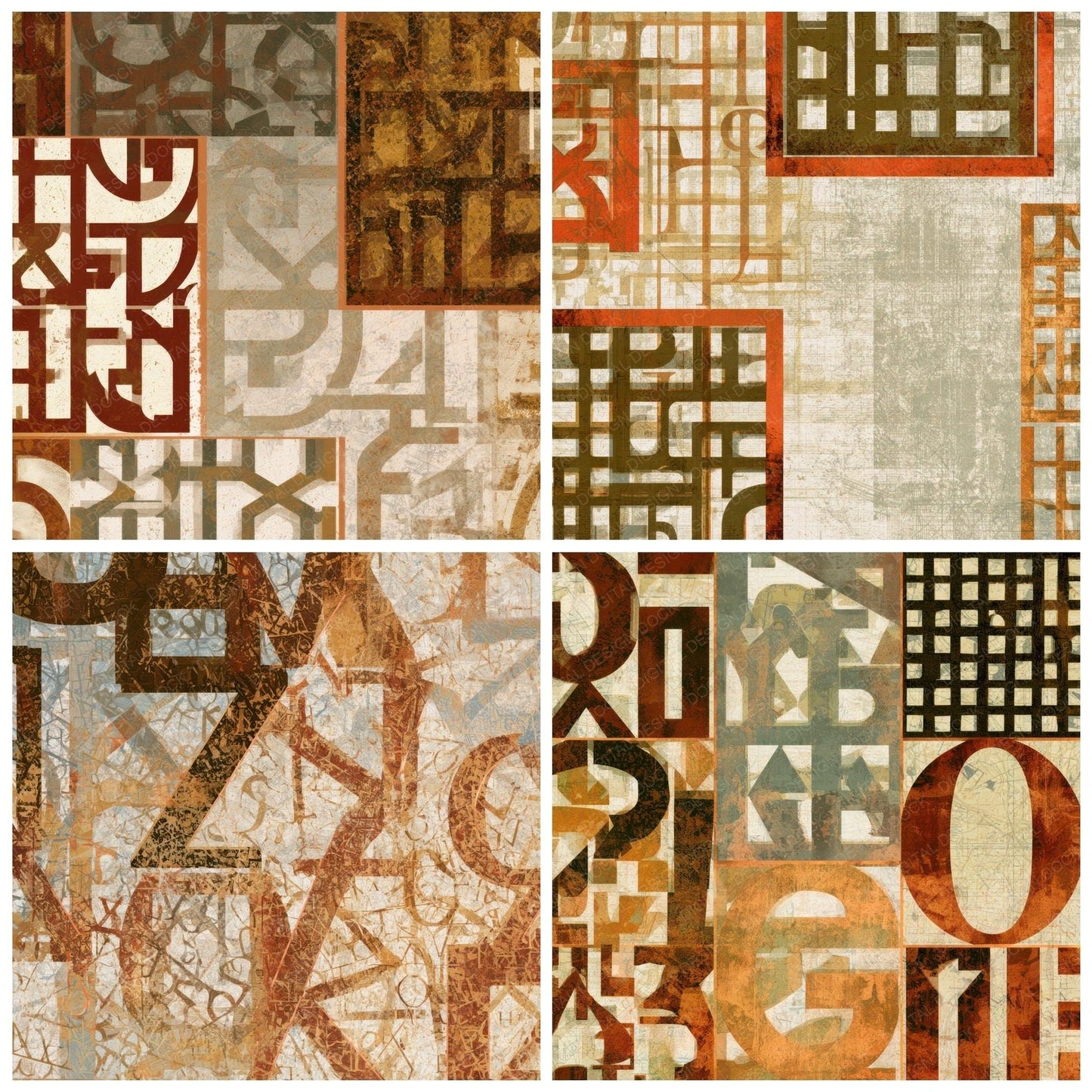 Typographic Lattice Rust Brass Ochre Digital Paper Pack (DDD013163)