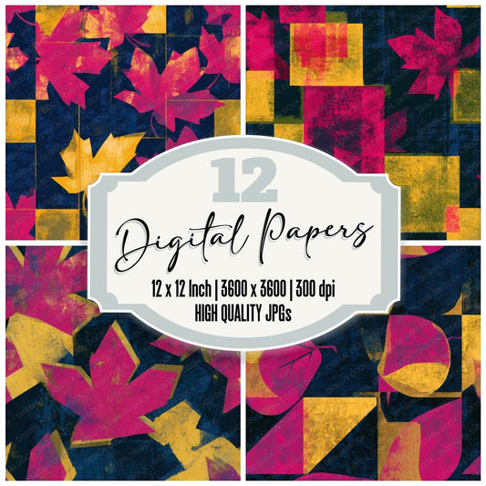 Bauhaus Autumn Leaves Pink Yellow Navy Seamless Digital Paper Pack (DDD013170)