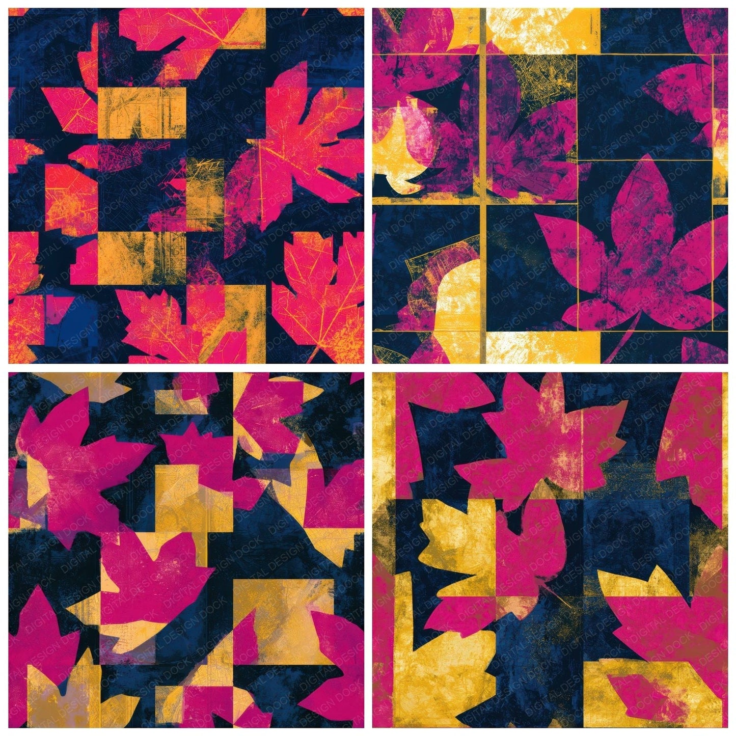 Bauhaus Autumn Leaves Pink Yellow Navy Seamless Digital Paper Pack (DDD013170)