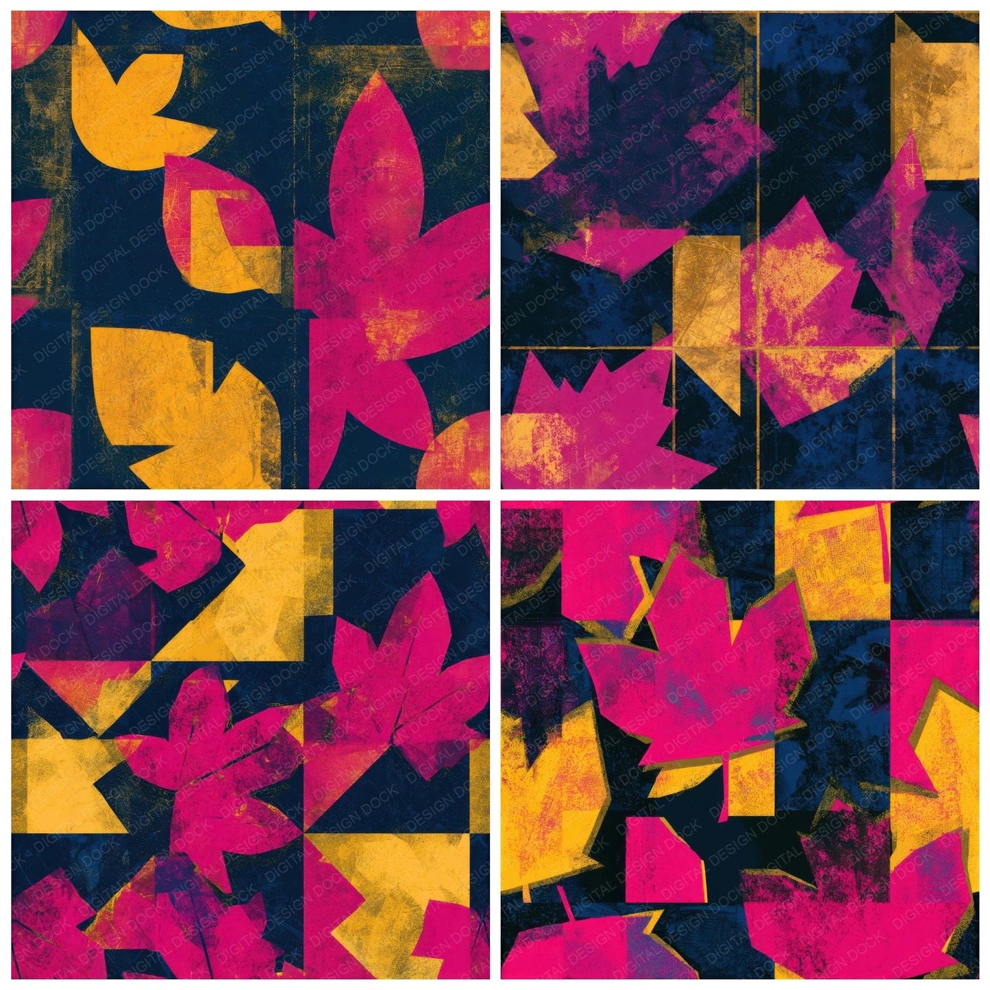 Bauhaus Autumn Leaves Pink Yellow Navy Seamless Digital Paper Pack (DDD013170)