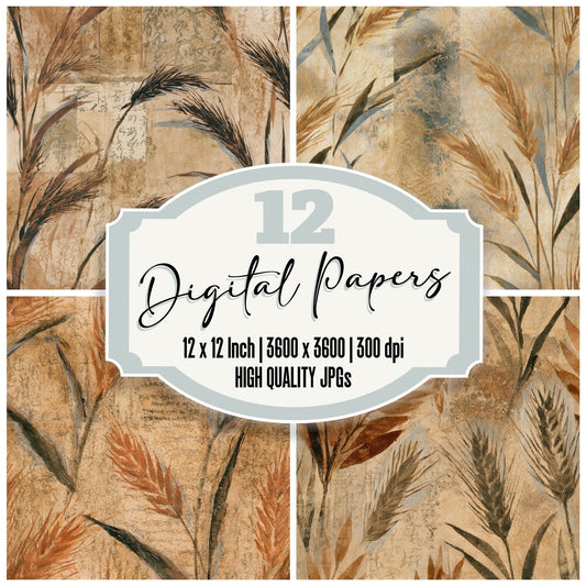 Bohemian Wheat Sepia Seamless Digital Paper Pack (DDD013171)