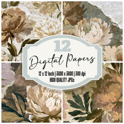Collage Peonies Sepia Oat Digital Paper Pack (DDD013172)