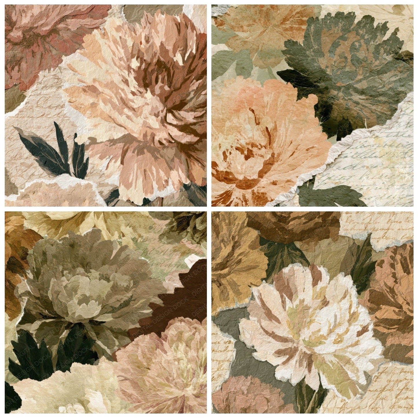 Collage Peonies Sepia Oat Digital Paper Pack (DDD013172)