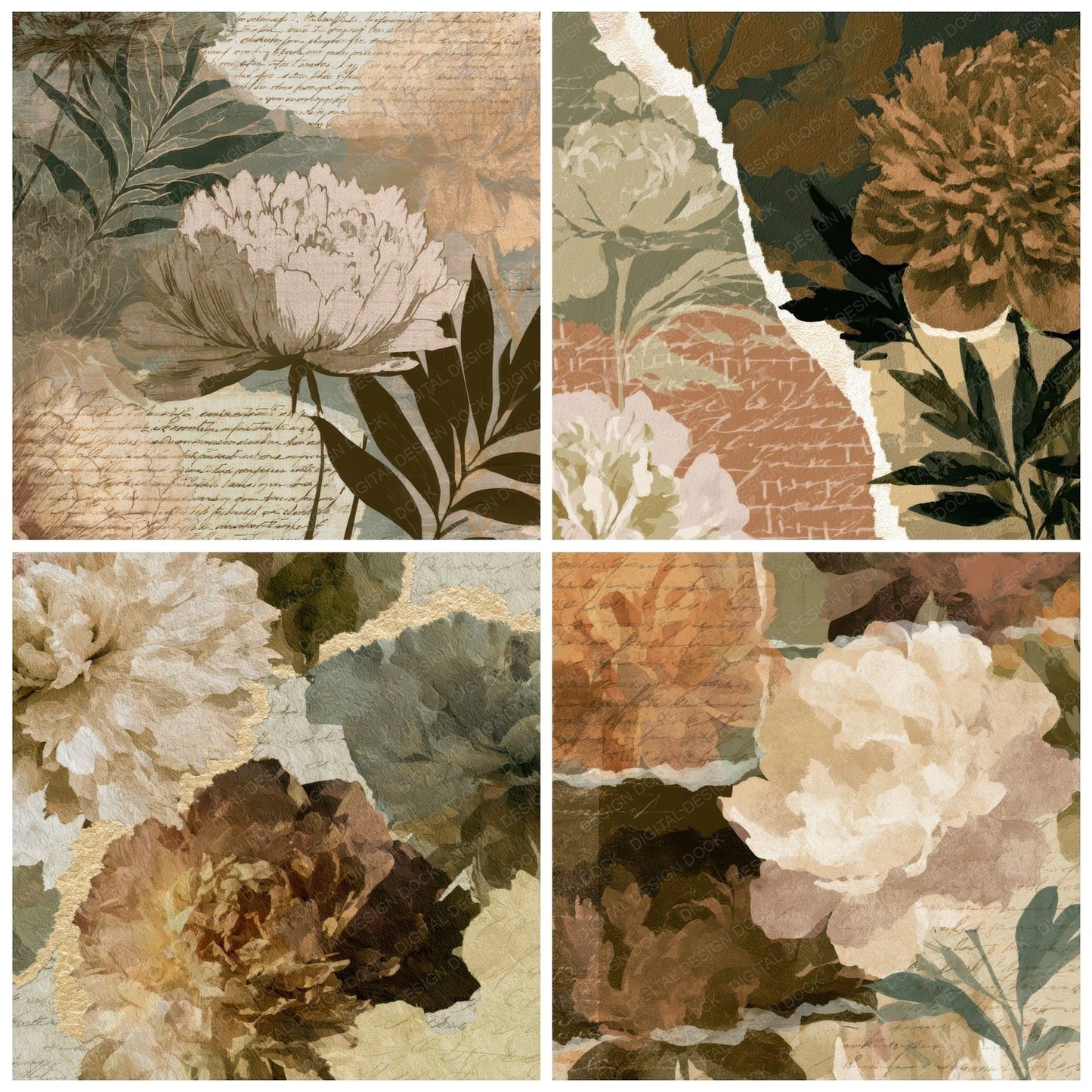 Collage Peonies Sepia Oat Digital Paper Pack (DDD013172)