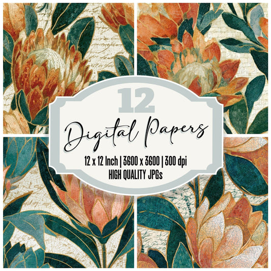 Mosaic Protea Papaya Jade Seamless Digital Paper Pack (DDD013178)