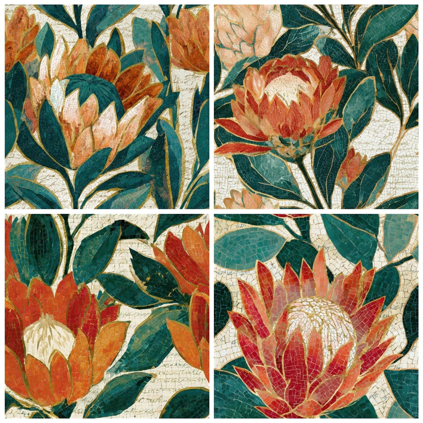 Mosaic Protea Papaya Jade Seamless Digital Paper Pack (DDD013178)