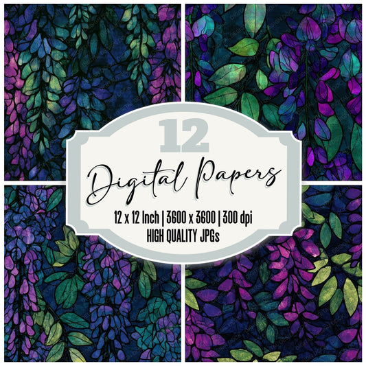 Stained Glass Wisteria Neon Magenta Seamless Digital Paper Pack (DDD013182)