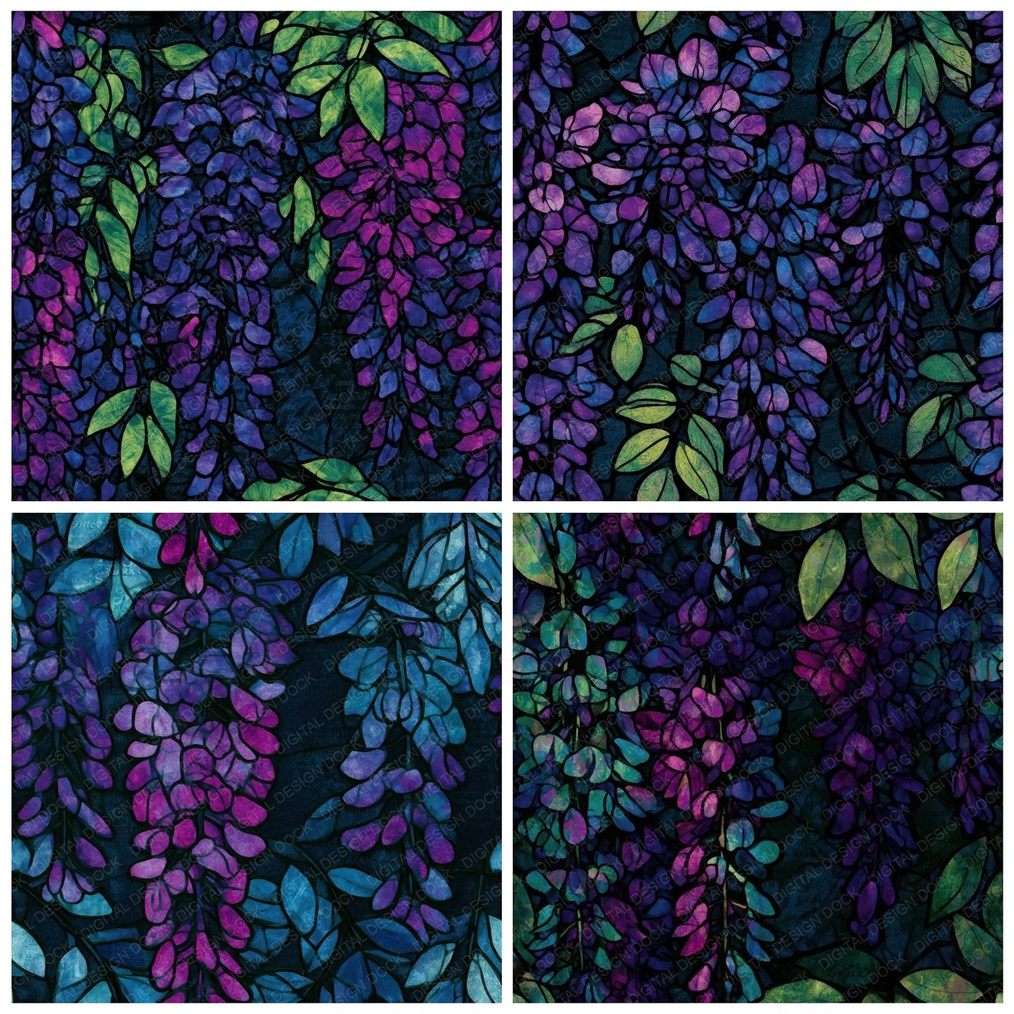 Stained Glass Wisteria Neon Magenta Seamless Digital Paper Pack (DDD013182)