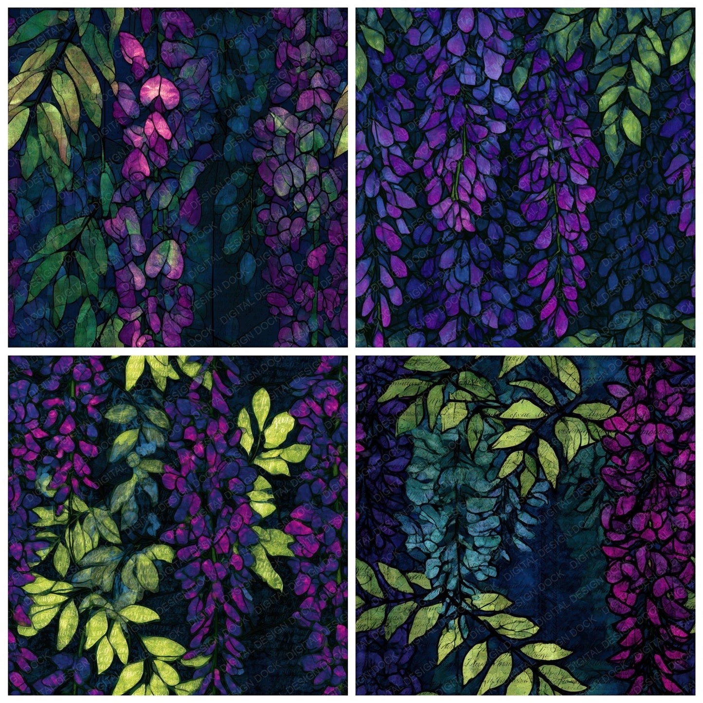 Stained Glass Wisteria Neon Magenta Seamless Digital Paper Pack (DDD013182)