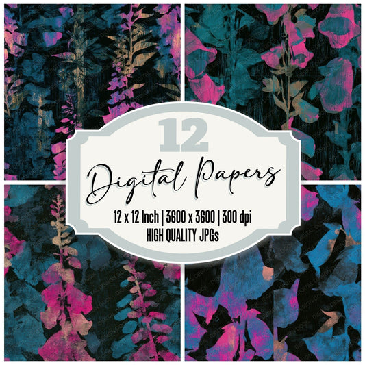 Woodcut Foxglove Neon Seamless Digital Paper Pack (DDD013184)