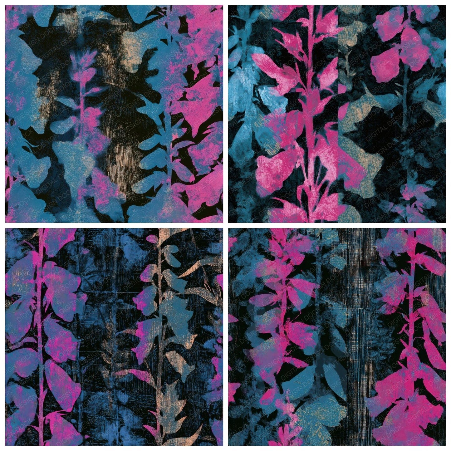 Woodcut Foxglove Neon Seamless Digital Paper Pack (DDD013184)