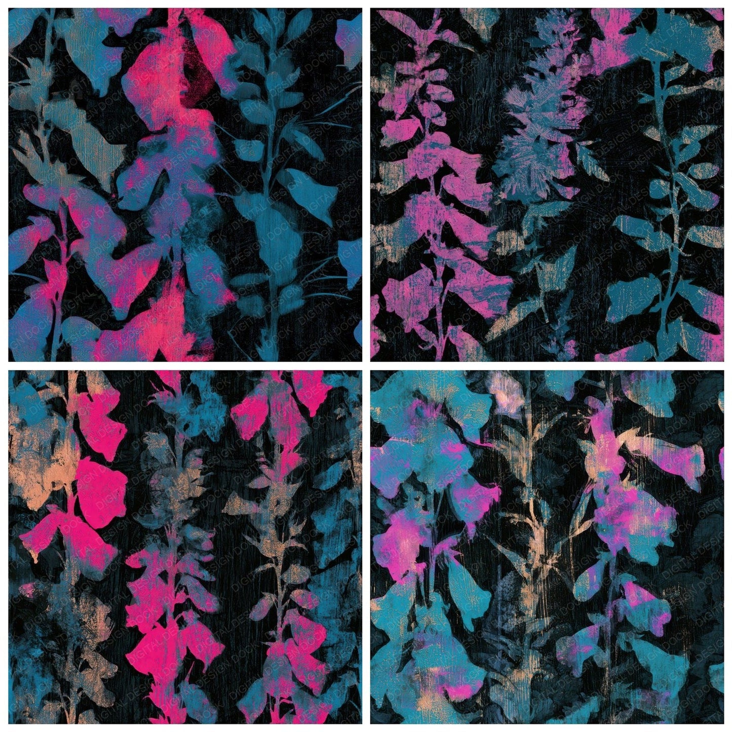 Woodcut Foxglove Neon Seamless Digital Paper Pack (DDD013184)