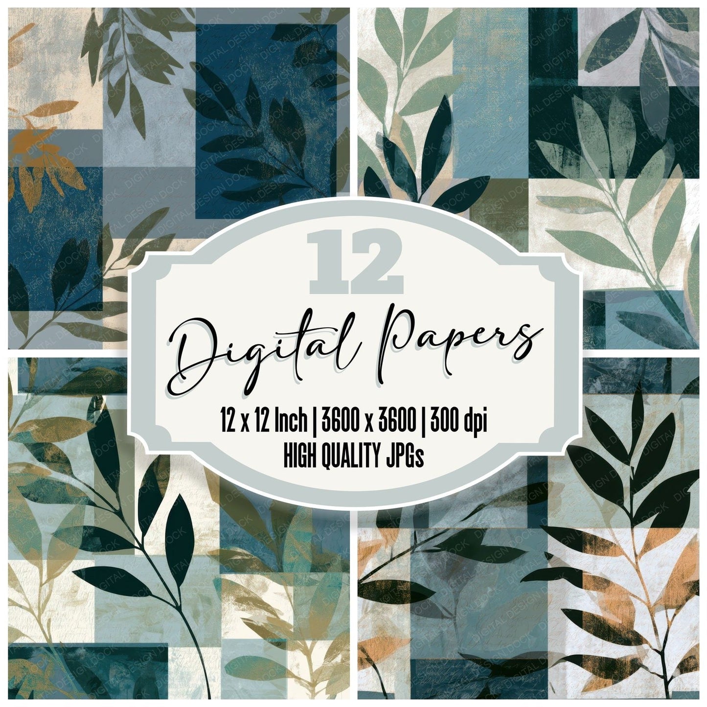 Bauhaus Olive Branch Sea Glass Gold Digital Paper Pack (DDD013186)