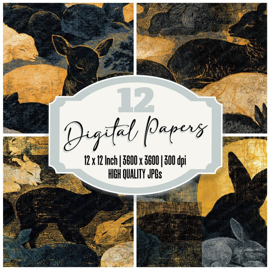 Engraving Baby Animals Charcoal Gold Digital Paper Pack (DDD013192)