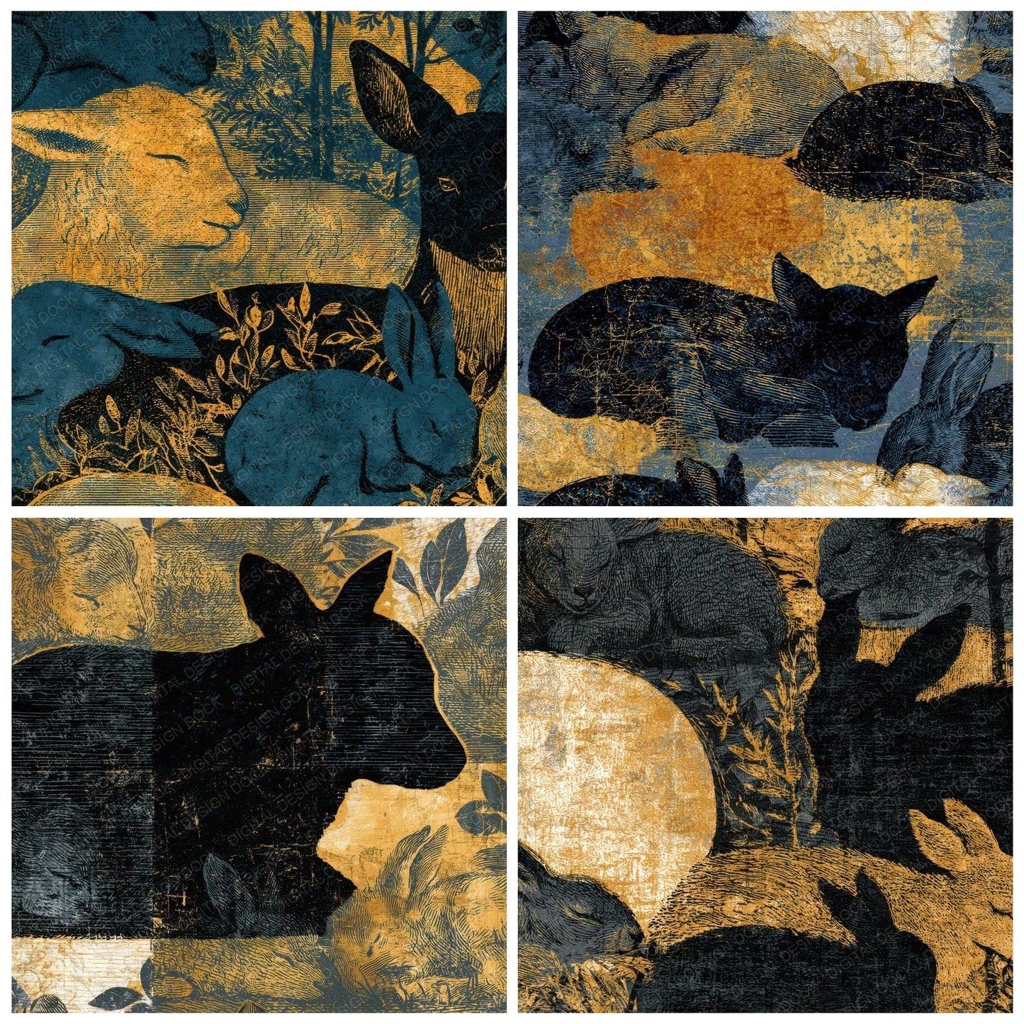 Engraving Baby Animals Charcoal Gold Digital Paper Pack (DDD013192)
