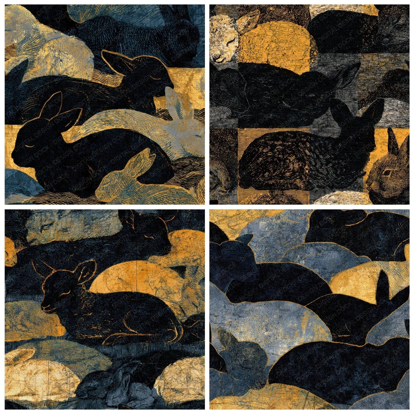 Engraving Baby Animals Charcoal Gold Digital Paper Pack (DDD013192)