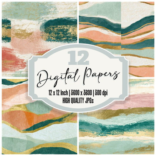 Linocut Blush Mint Abstract Seamless Digital Paper Pack (DDD013193)