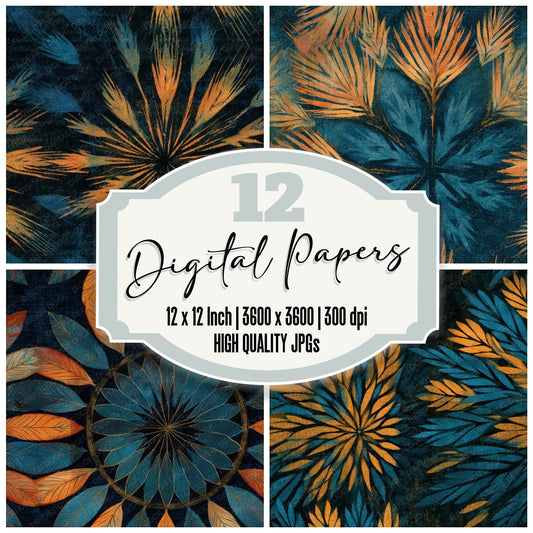 Mandala Wheat Tangerine Turquoise Seamless Digital Paper Pack (DDD013194)