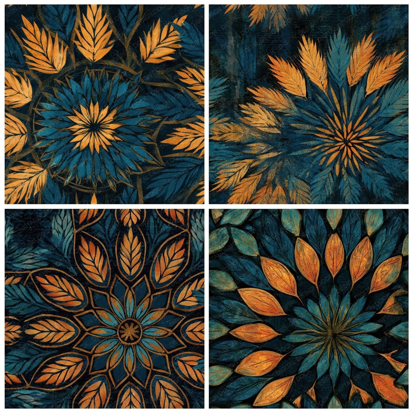 Mandala Wheat Tangerine Turquoise Seamless Digital Paper Pack (DDD013194)