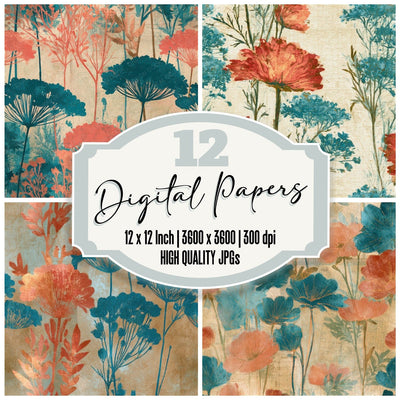 Naturalist Wildflowers Coral Turquoise Seamless Digital Paper Pack (DDD013196)