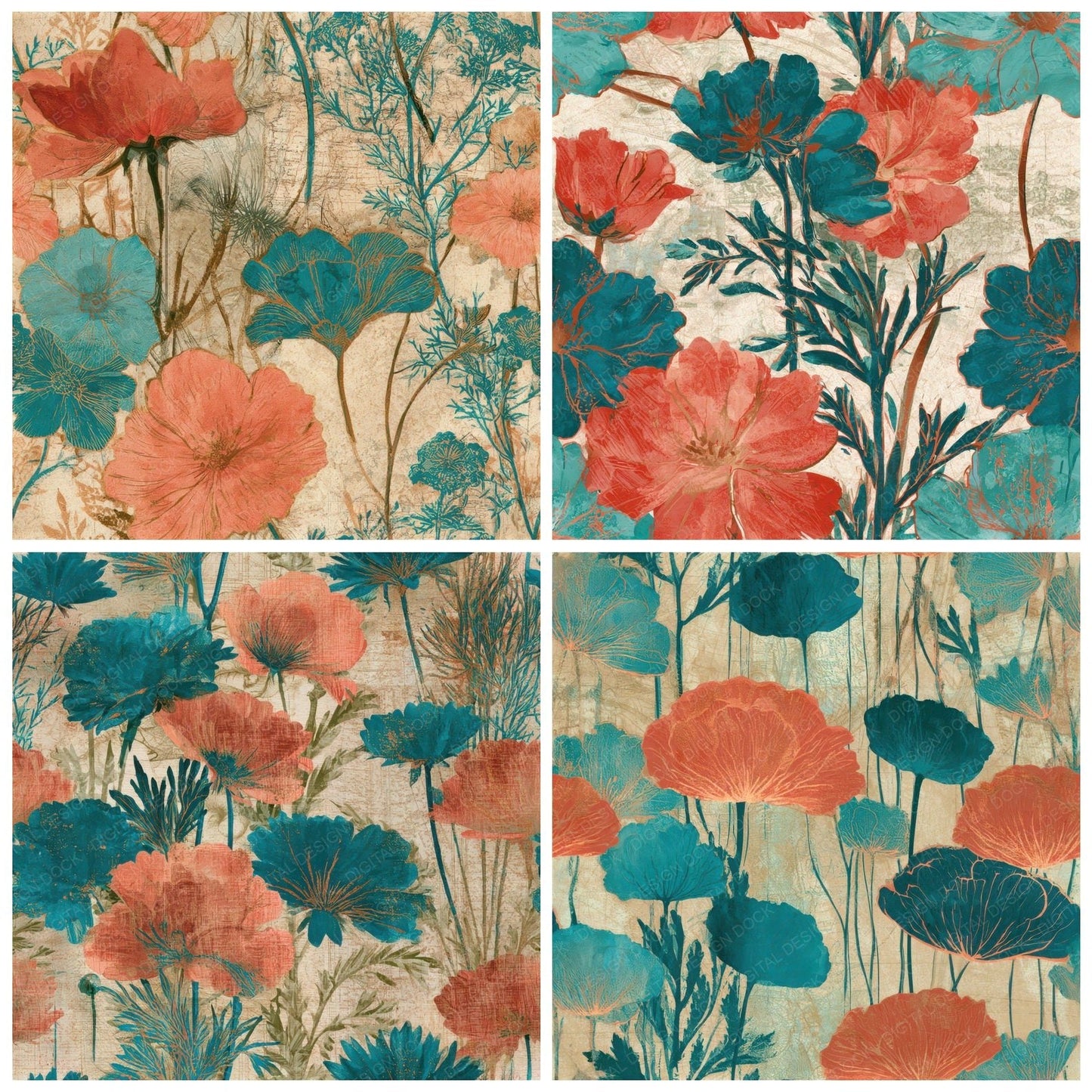 Naturalist Wildflowers Coral Turquoise Seamless Digital Paper Pack (DDD013196)