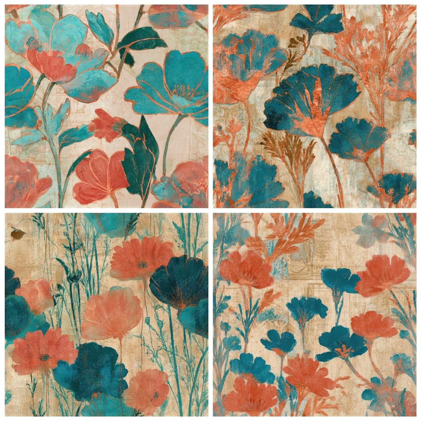 Naturalist Wildflowers Coral Turquoise Seamless Digital Paper Pack (DDD013196)