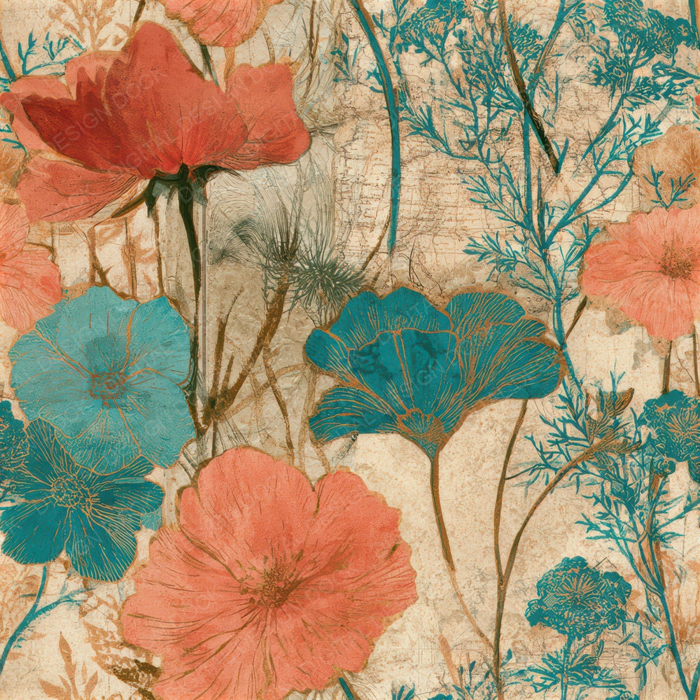 Naturalist Wildflowers Coral Turquoise Seamless Digital Paper Pack (DDD013196)